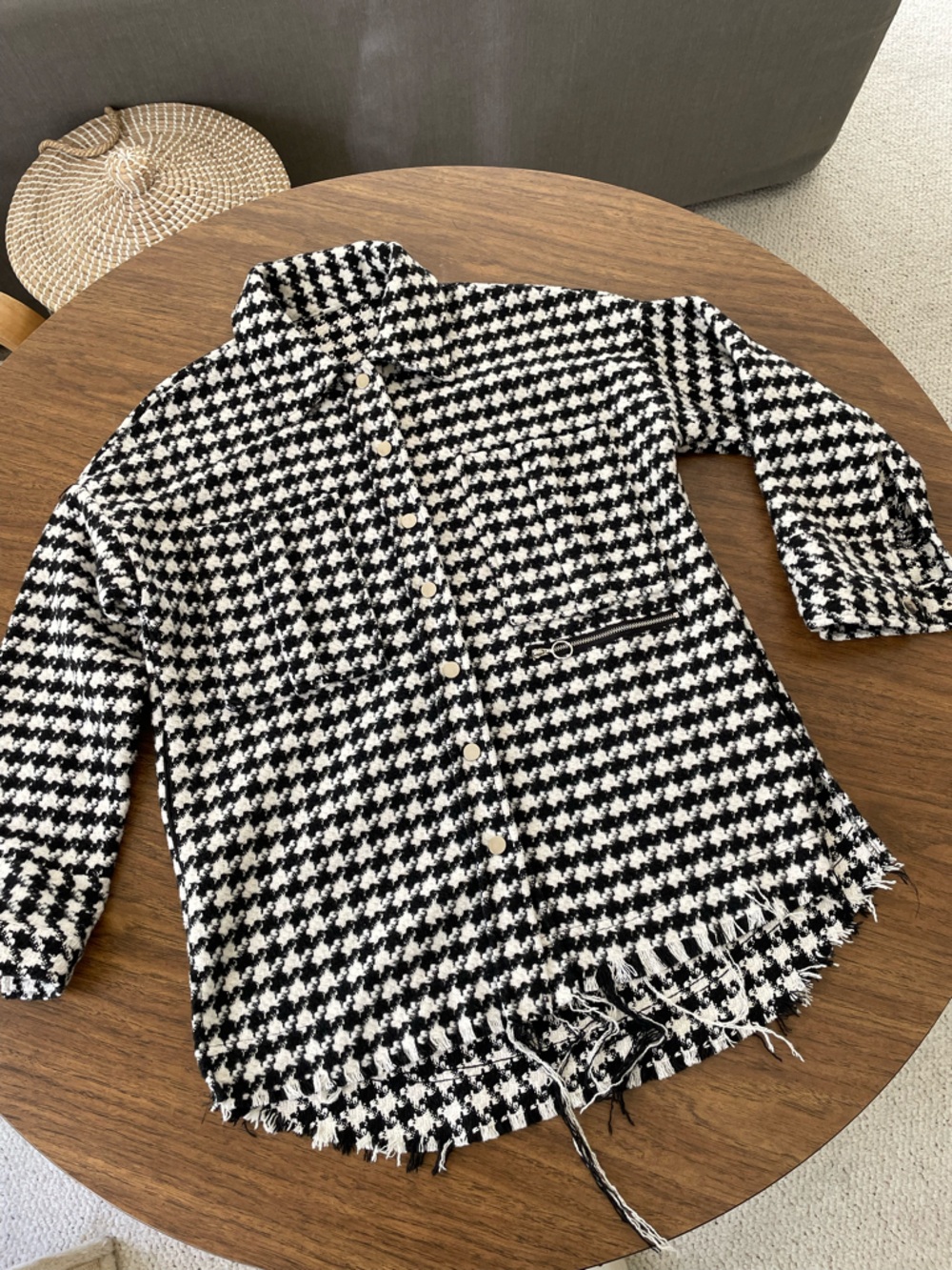 Black & White Houndstooth Fringe Jacket